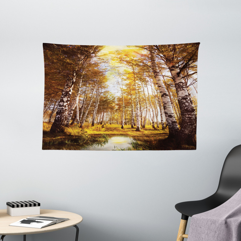 Autumn Birch Trees River Wide Tapestry