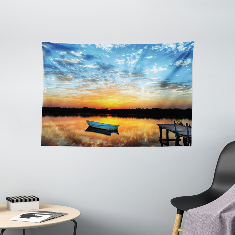 Little Boat on Pond Wide Tapestry