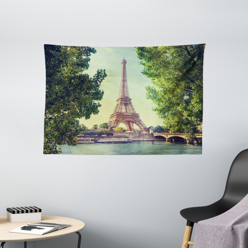 Eiffel Tower Seine River Wide Tapestry