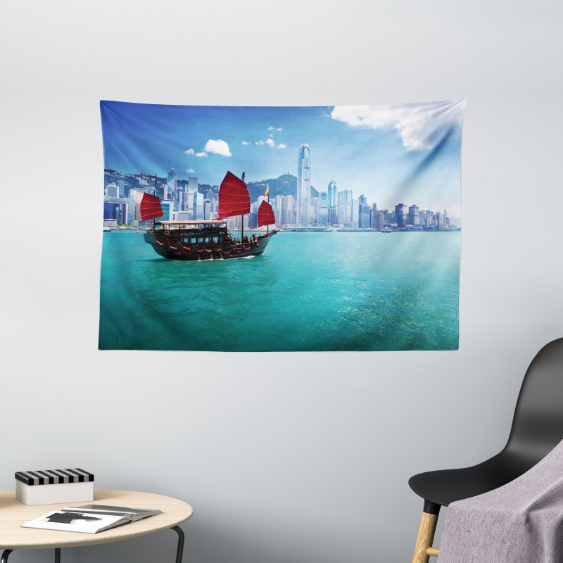Hong Kong Harbour Boat Wide Tapestry