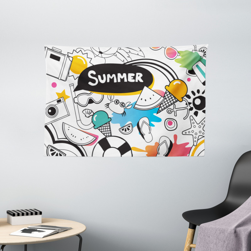 Summer Items Pictogram Wide Tapestry