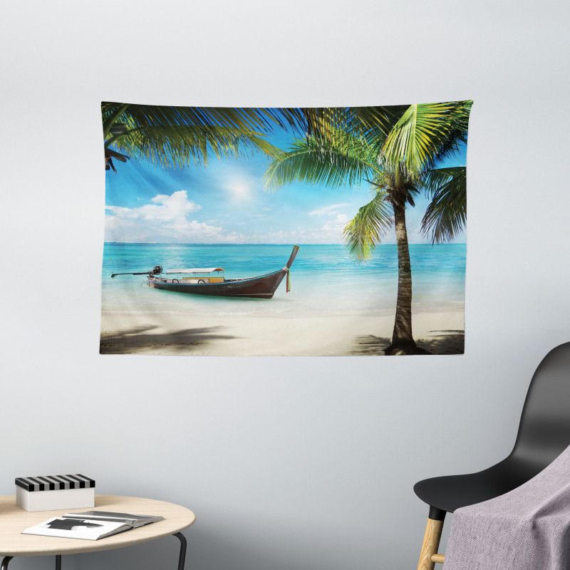 Small Boat Sunny Ocean Wide Tapestry
