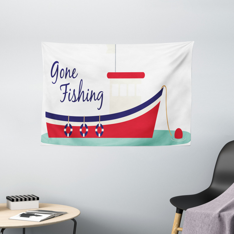 Cartoon Fishing Boat Wide Tapestry