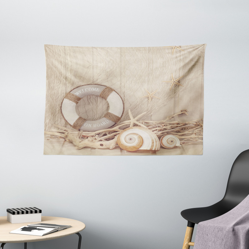 Life Buoy Wooden Sepia Wide Tapestry