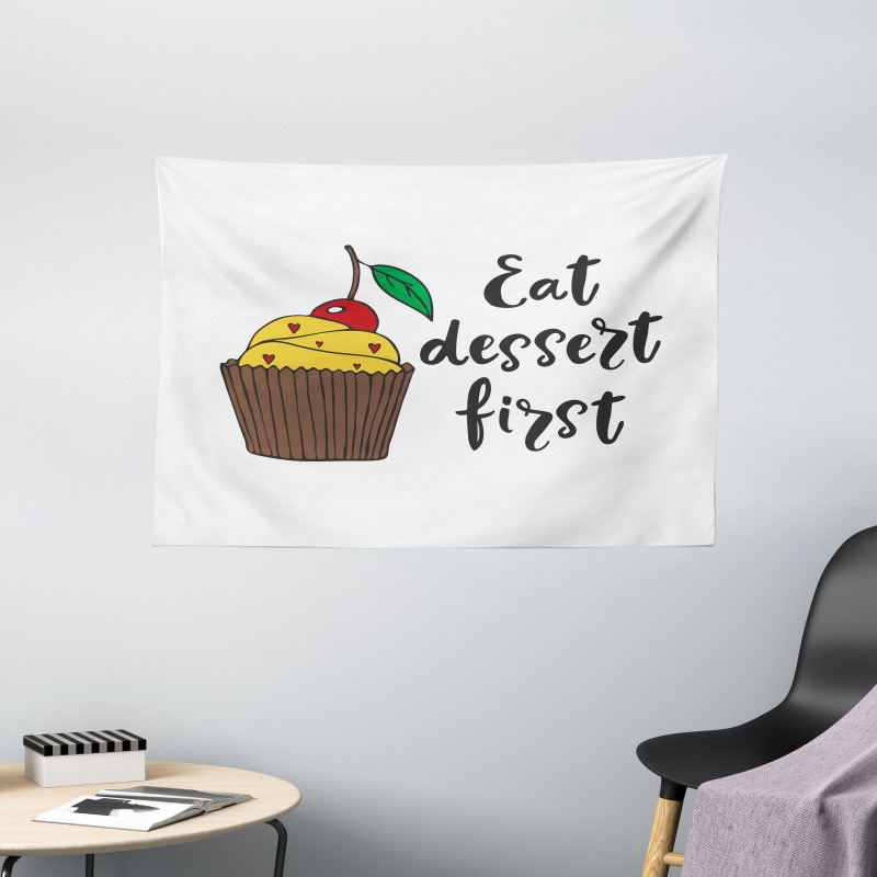 Cherry Top Cupcake Cartoon Wide Tapestry