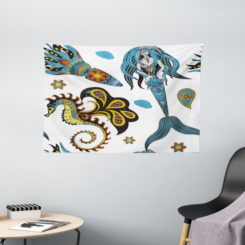 Mermaid and Sea Horse Wide Tapestry