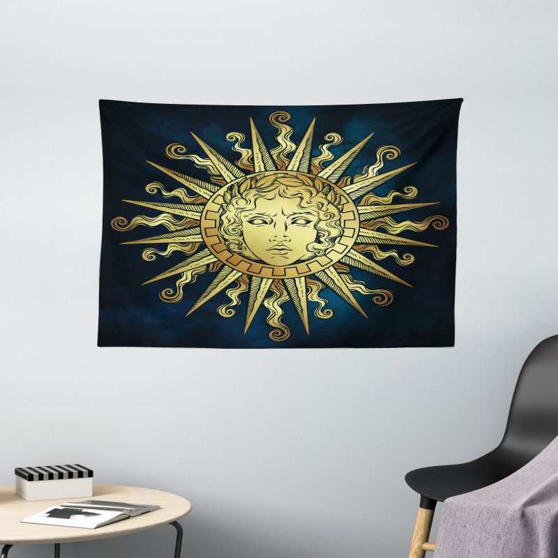 Sun with Antique Woman Face Wide Tapestry