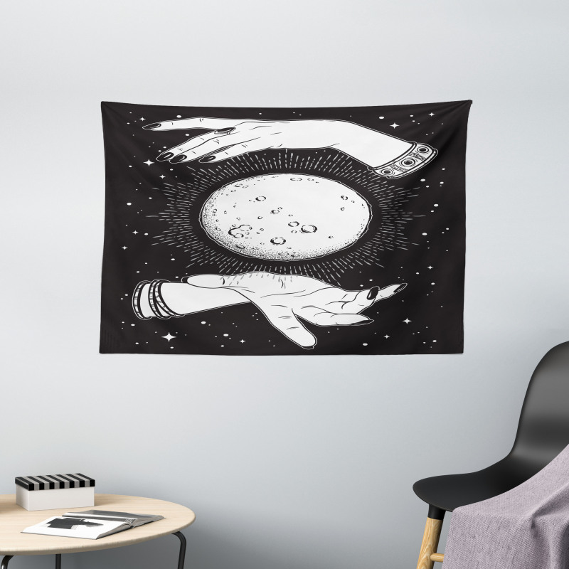 Moon in Fortune Teller Hands Wide Tapestry