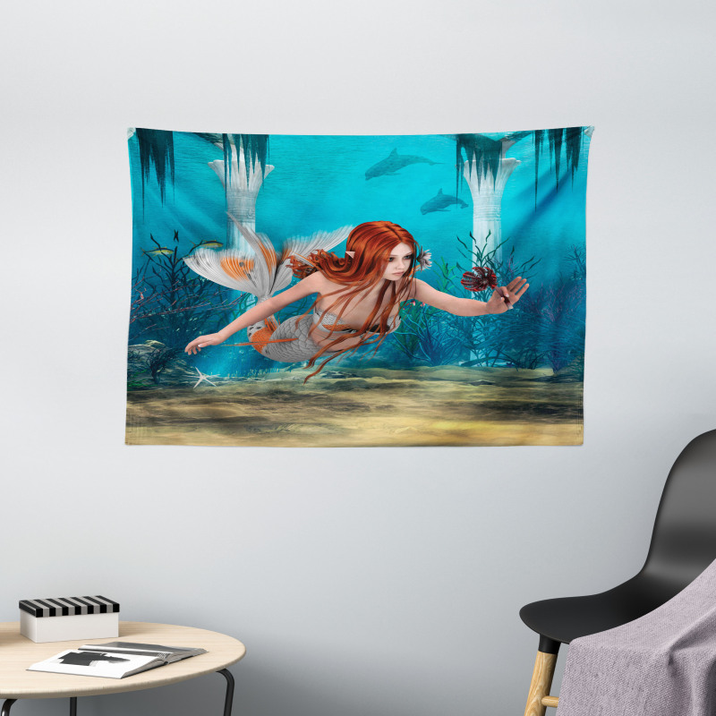 Magic Aqua Sea Lily Wide Tapestry