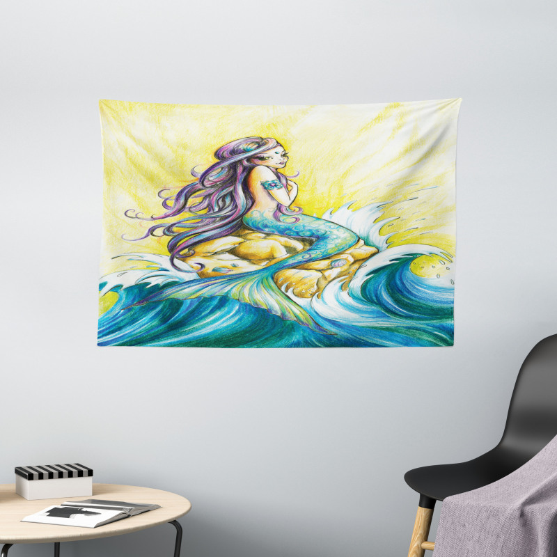Fantasy Woman on Rock Wide Tapestry