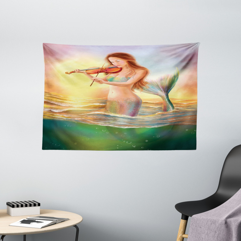 Mermaid Playing Violin Wide Tapestry