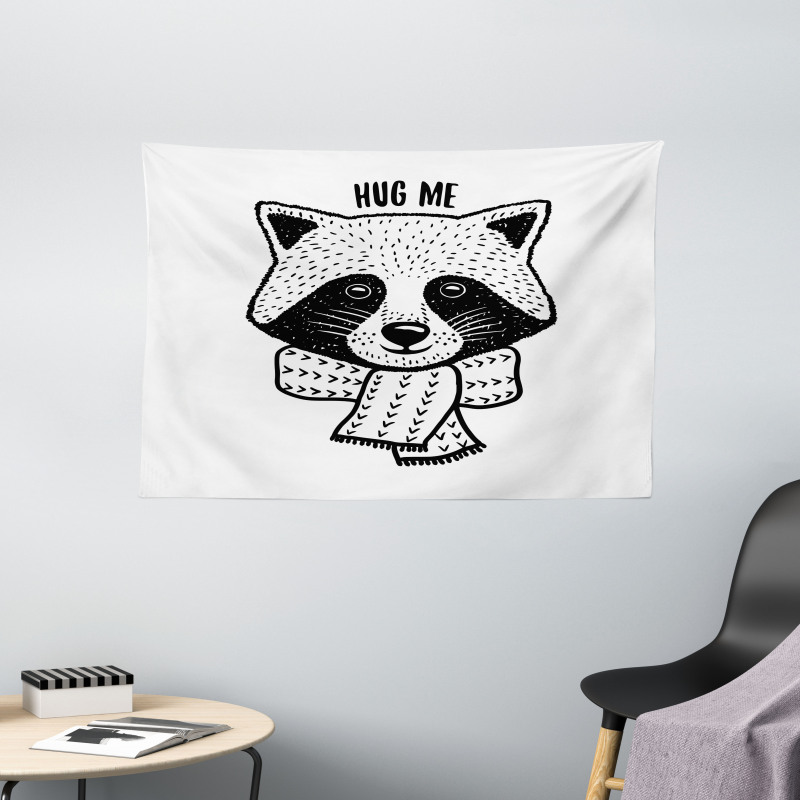 Raccoon with Hug Me Words Wide Tapestry