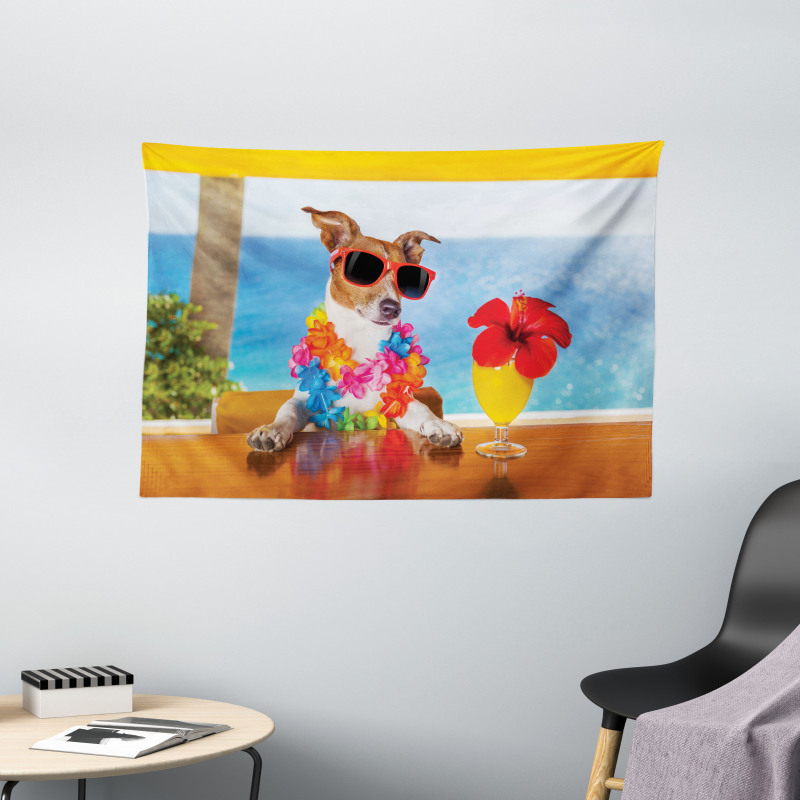 Cool Dog Sitting at Beach Bar Wide Tapestry