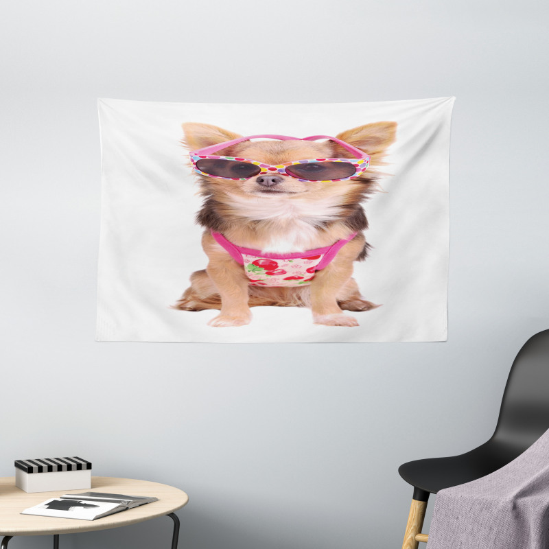 Puppy with Summer Clothes Wide Tapestry