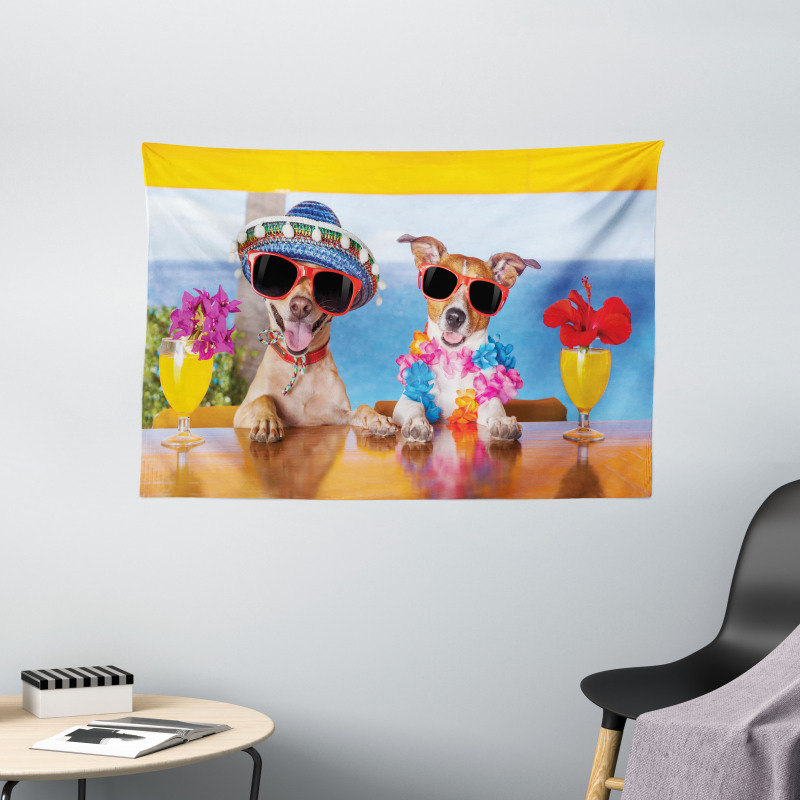 Tropic Summer Dog Friends Wide Tapestry