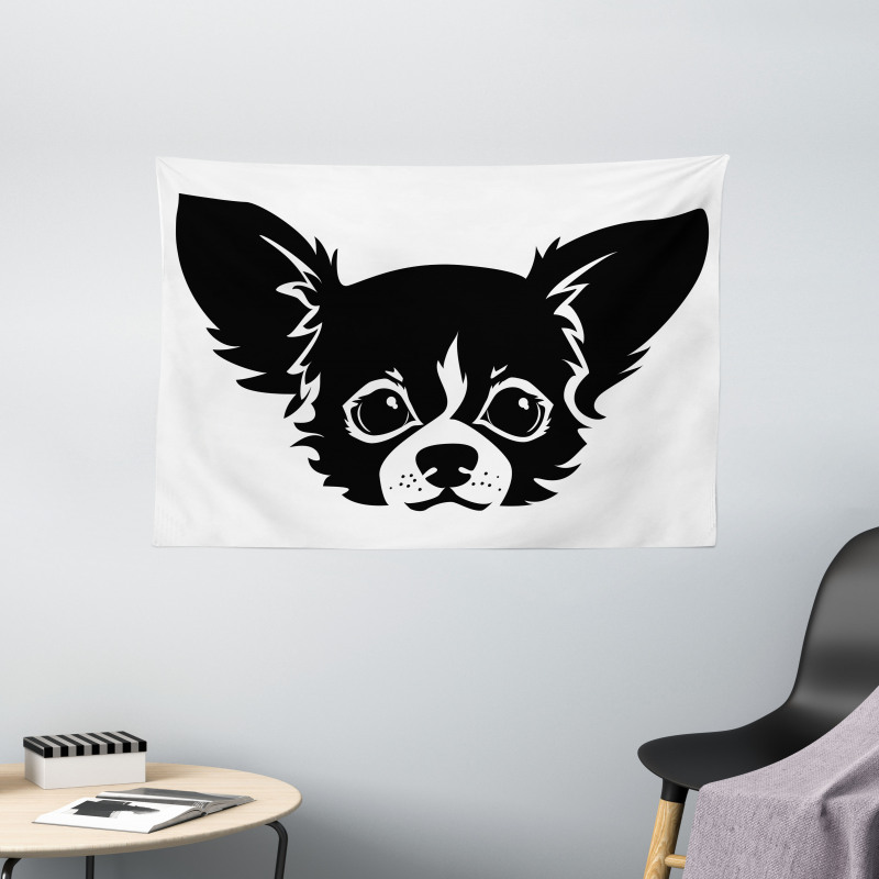 Monochrome Puppy Head Wide Tapestry