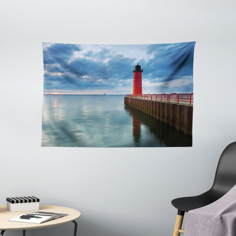 Dramatic Sky Lighthouse Wide Tapestry