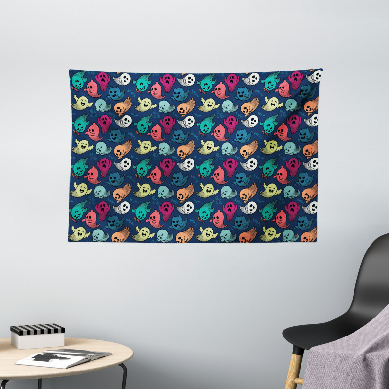 Colorful Spooky Ghosts Wide Tapestry