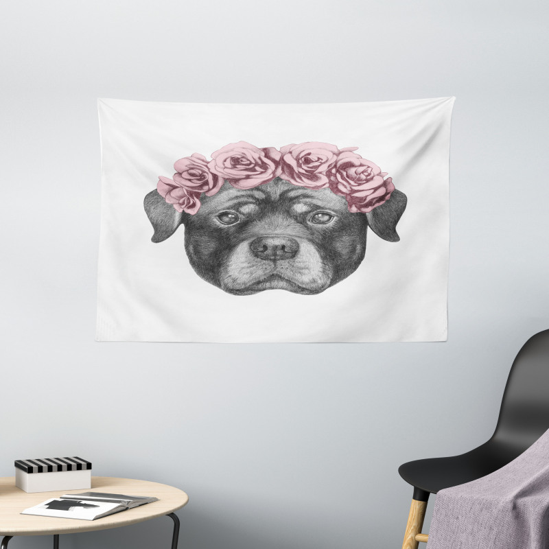 Portrait of Dog in Roses Wide Tapestry