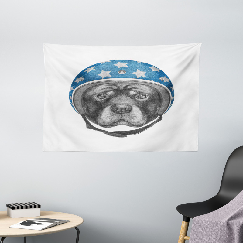 Dog in a Hard Hat Sketch Wide Tapestry