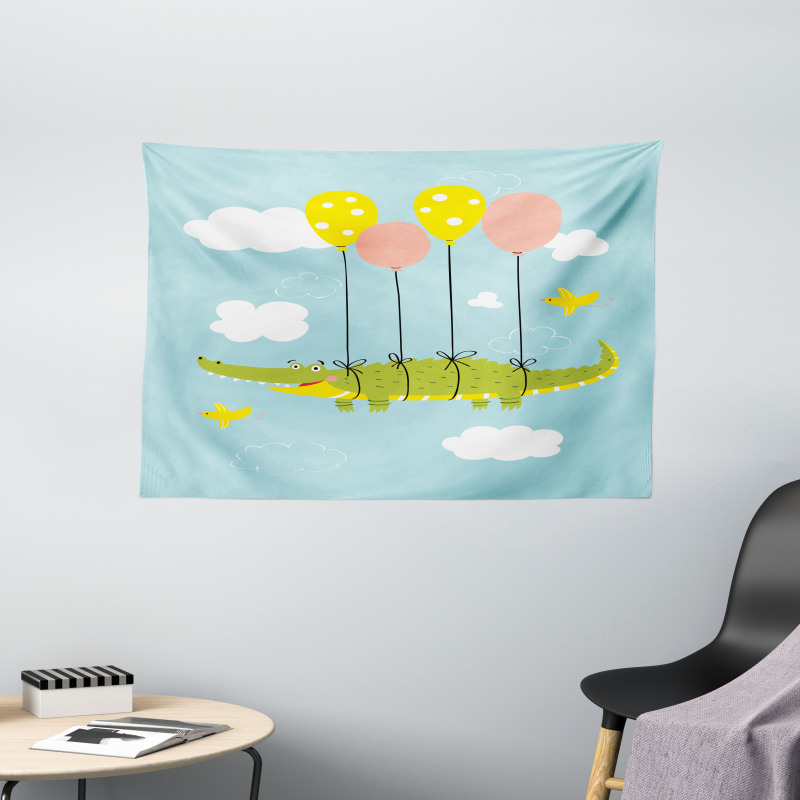 Flying Crocodile with Balloon Wide Tapestry