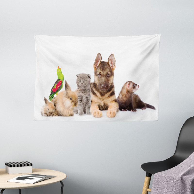 Bunnies Cat Dog and Ferret Wide Tapestry