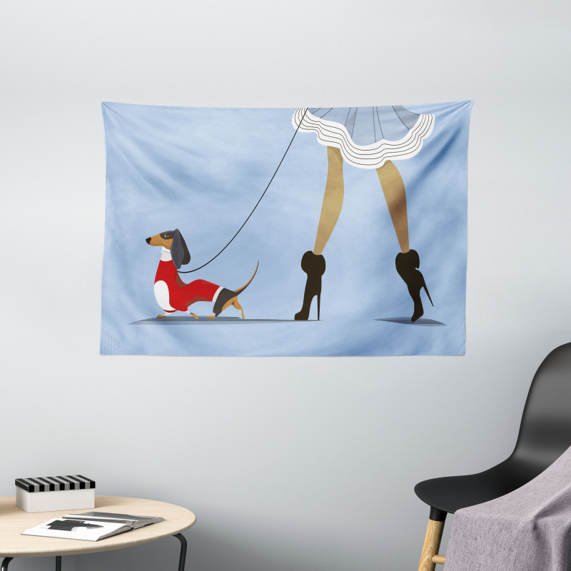 Woman and Dog Fashion Wide Tapestry