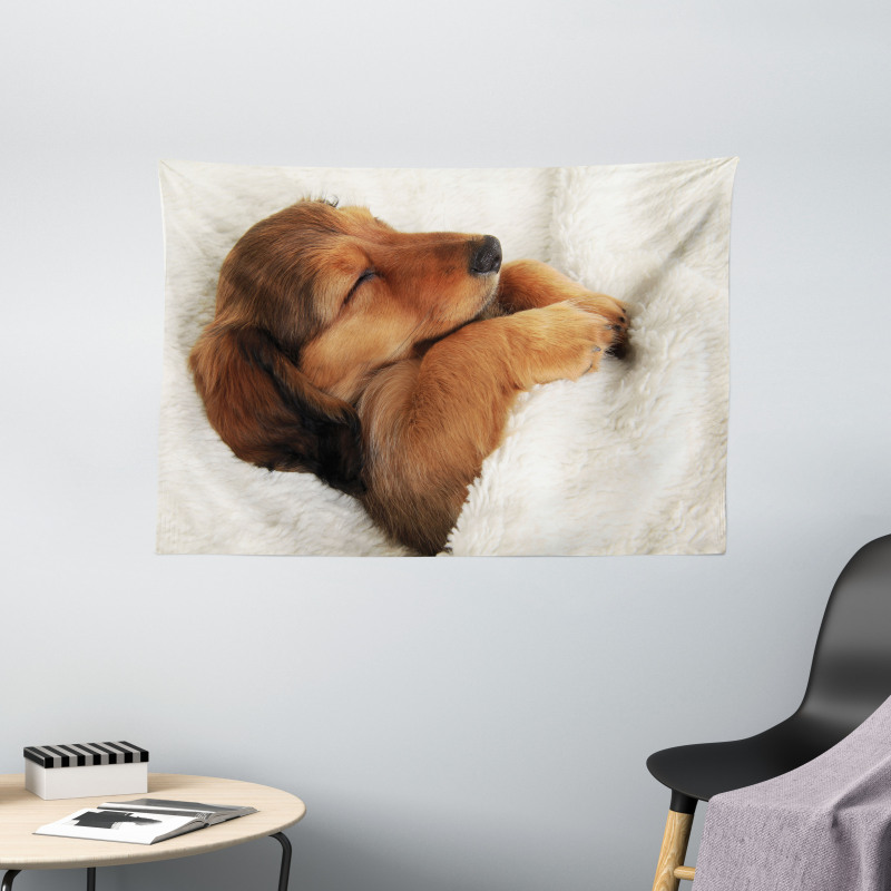 Puppy Sleeping in Its Bed Wide Tapestry