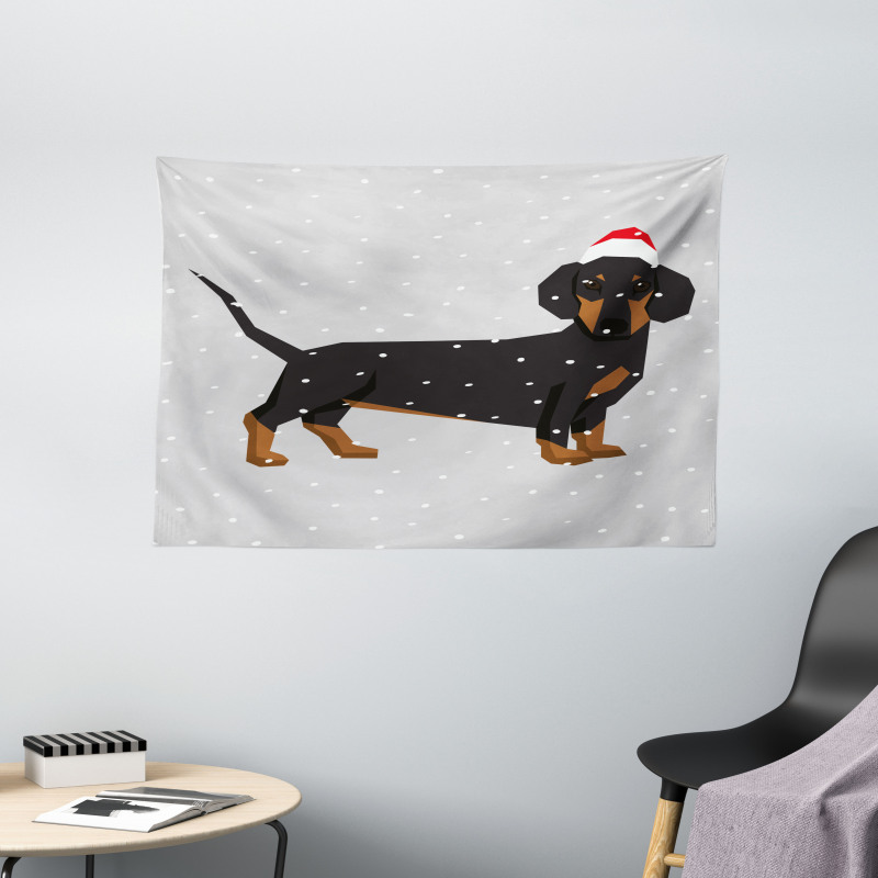 Dog Wears Xmas Hat Snow Wide Tapestry