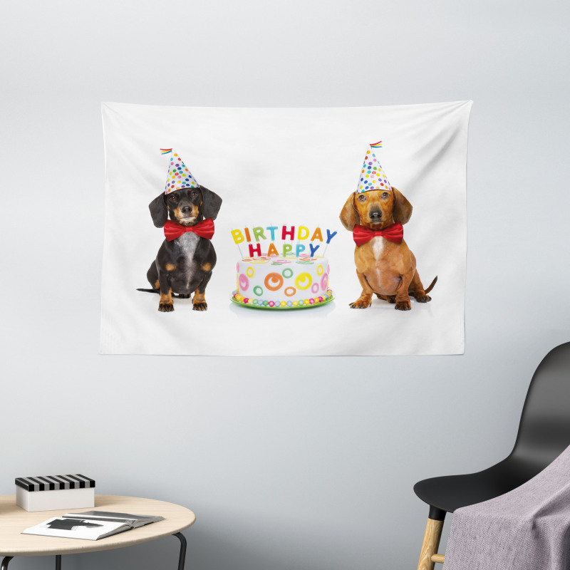 Dogs Happy Birthday Cake Wide Tapestry