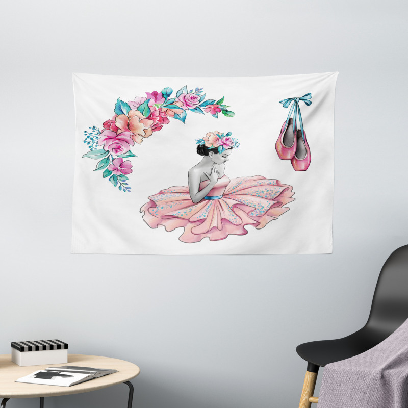 Dancer Girl in Flowers Wide Tapestry