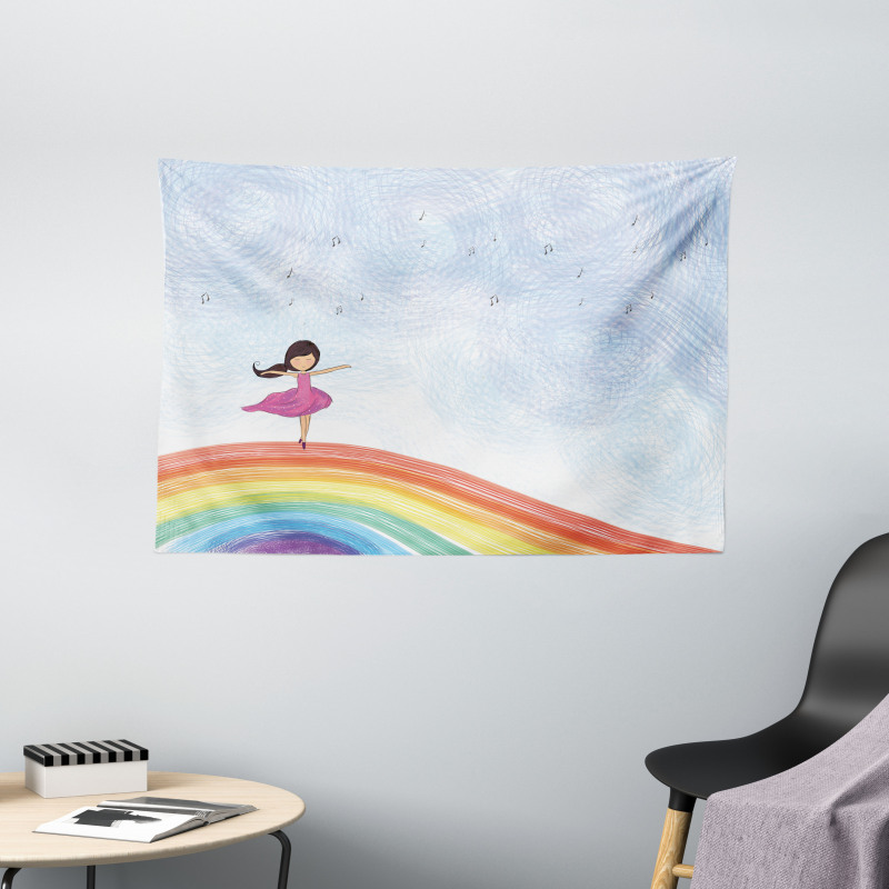 Girl Dances on Rainbow Wide Tapestry