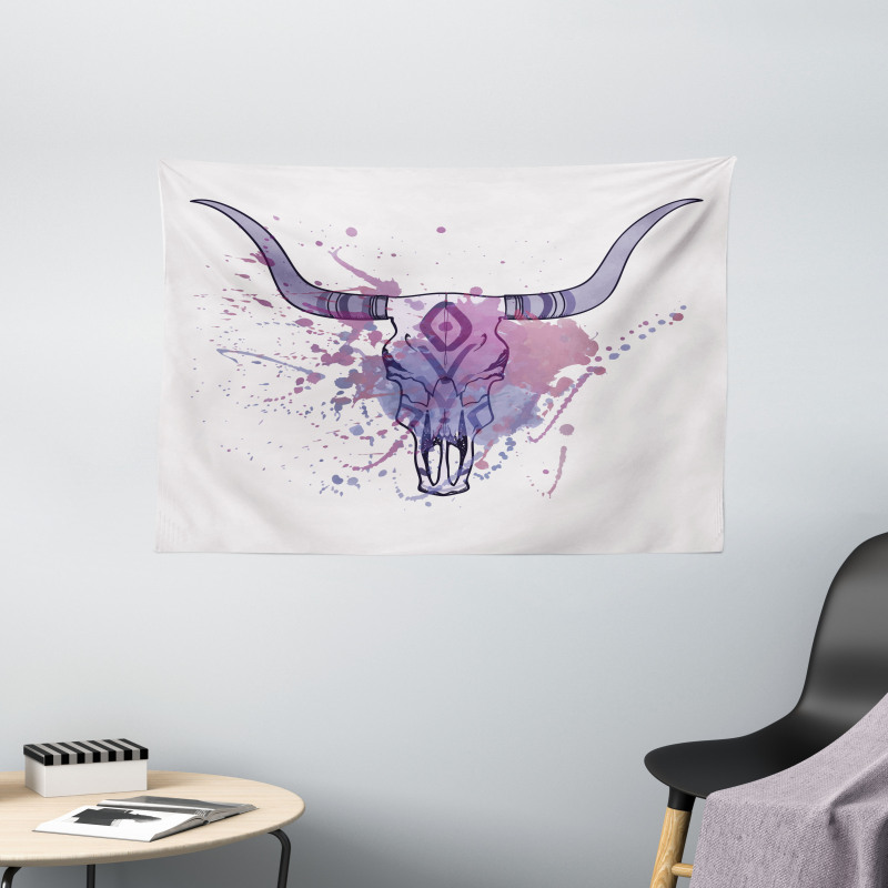 Bull Skull with Splashes Wide Tapestry