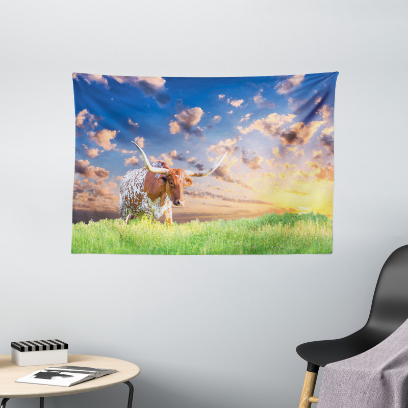 Female Cow in Pasture Sky Wide Tapestry