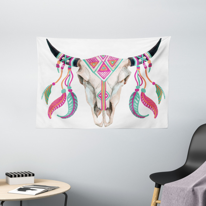 Bull Skull and Feathers Wide Tapestry