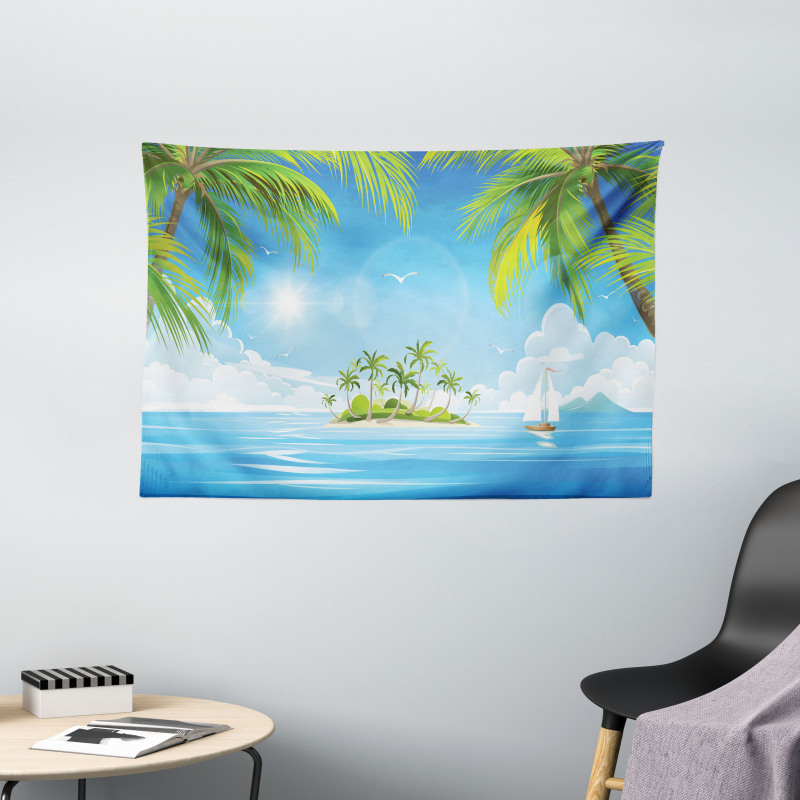 Cartoon of Tropical Island Wide Tapestry