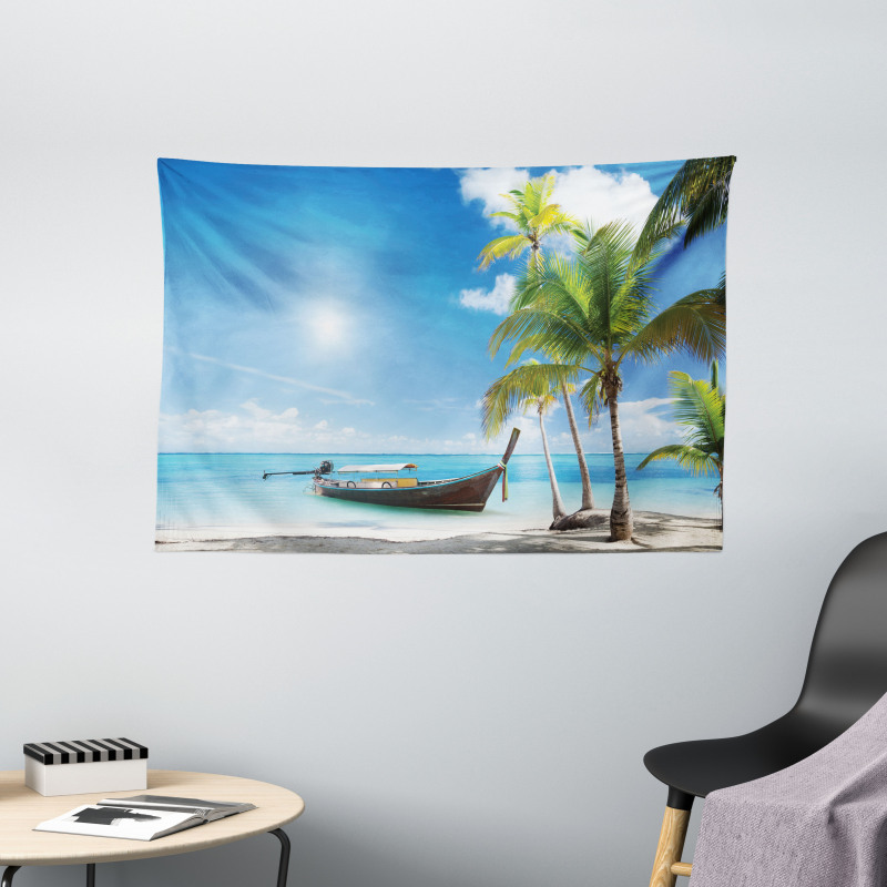 Wooden Boat on Exotic Beach Wide Tapestry