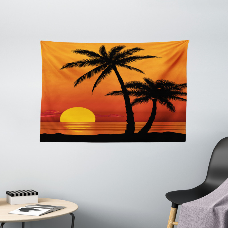 Orange Ombre Sunset and Trees Wide Tapestry