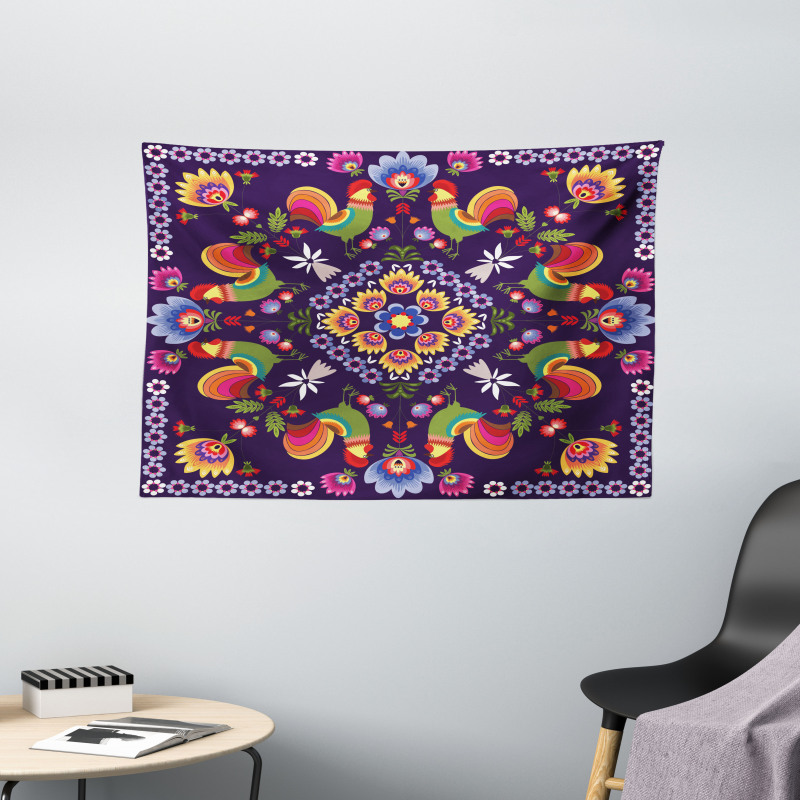 Rooster and Flowers Wide Tapestry