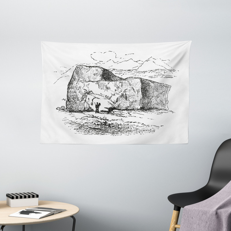 Hand Drawn Mountain Design Wide Tapestry