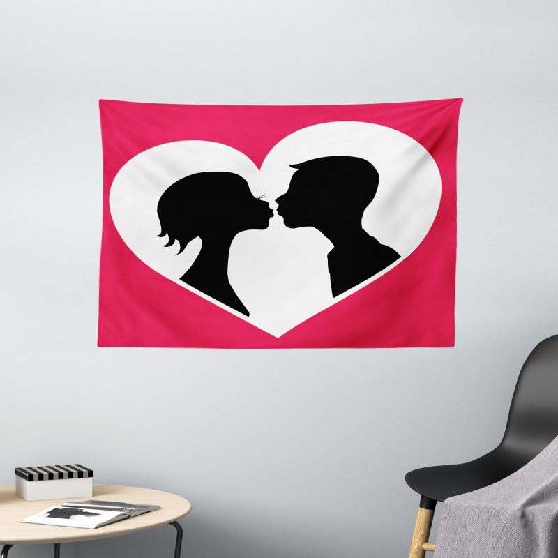 Couple Silhouette in Heart Wide Tapestry