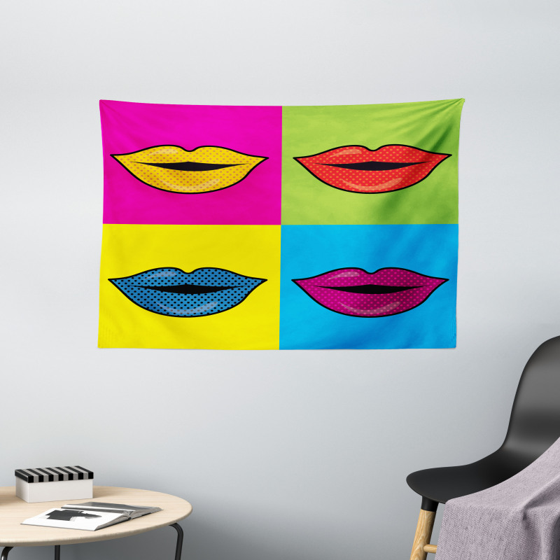 Colored Lips in Squares Wide Tapestry