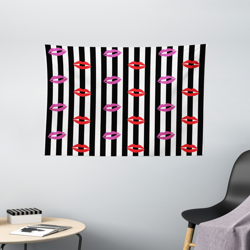 Lipstick Prints on Stripes Wide Tapestry