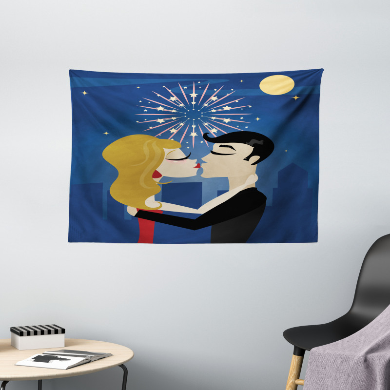 Couple Fireworks at Night Wide Tapestry