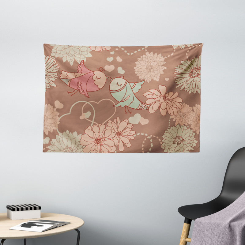 Vintage Birds Flowers Love Wide Tapestry