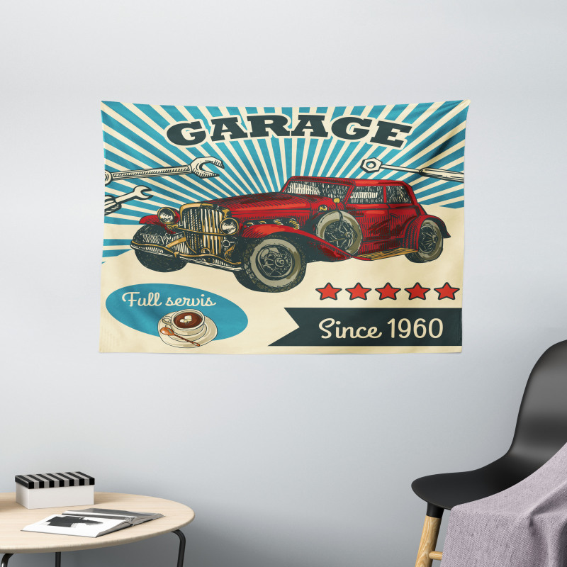 Retro Car Garage Art Wide Tapestry