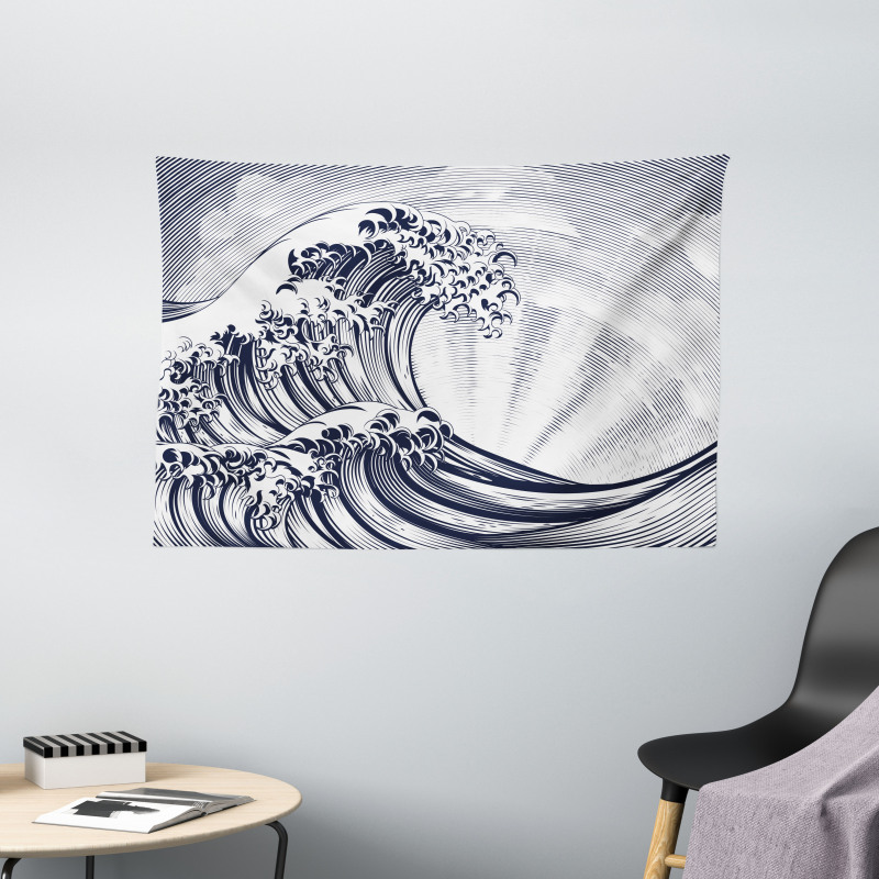 Oriental Japanese Waves Wide Tapestry