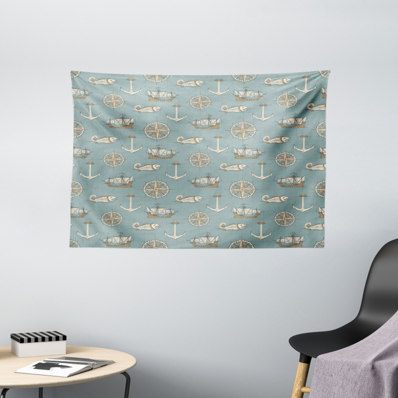 Retro Nautical Elements Art Wide Tapestry