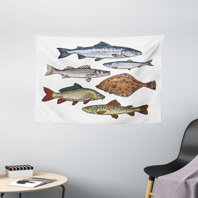 Drawn Various Species of Fish Wide Tapestry