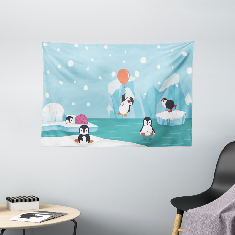 Penguins on Ice Wide Tapestry